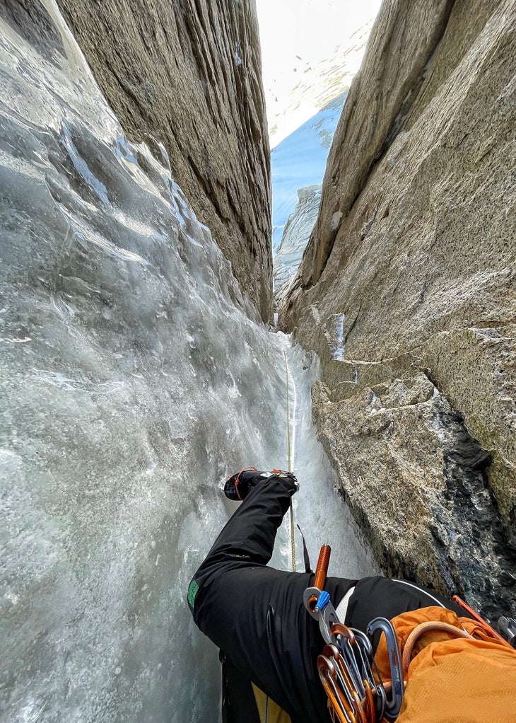 Looking down one of the steep ice pitches on Exocet, Aguja Standhardt, while making the first winter solo ascent.