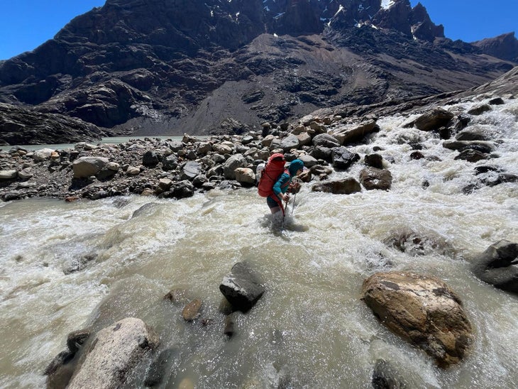 An exciting river crossing en route to Cerro Torre with the Leki Crosstrail pole.